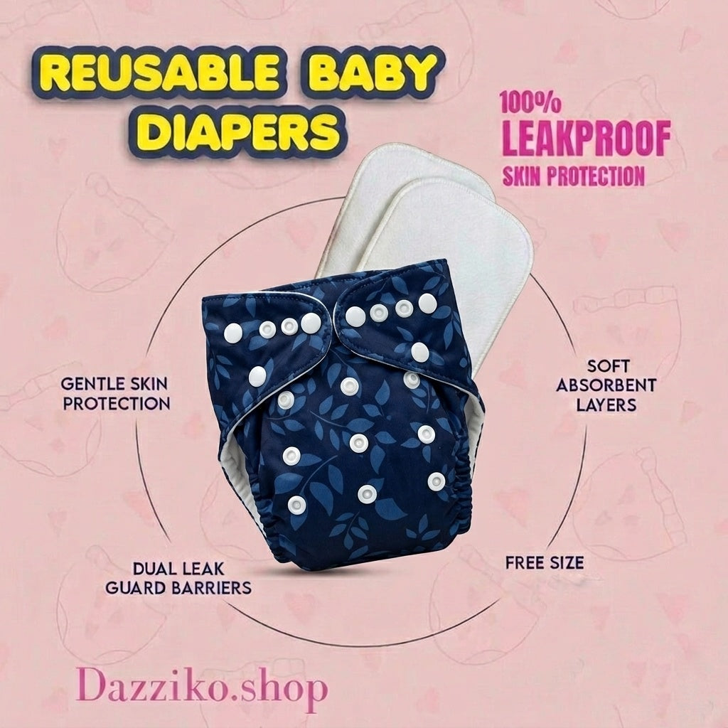 Washable waterproof Baby Diaper + Absorbent Inner Pad with each piece | Reusable & Multi-colors & Randoms prints available