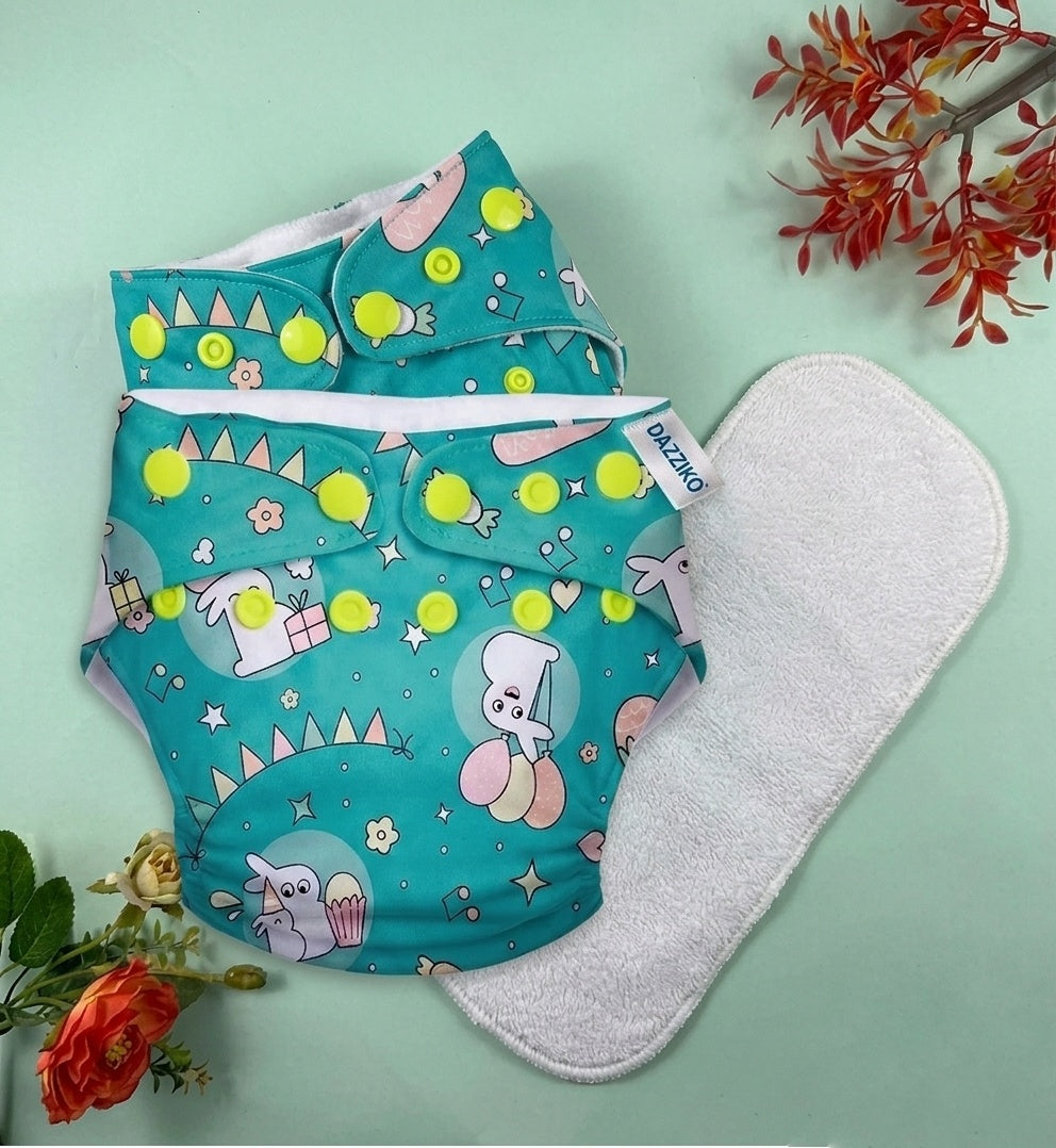 Washable waterproof Baby Diaper + Absorbent Inner Pad with each piece | Reusable & Multi-colors & Randoms prints available